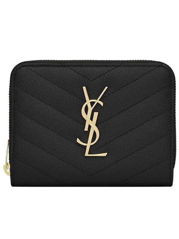 Monogram Zipper Grained Leather Half Wallet Black - SAINT LAURENT - BALAAN 1