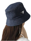 Triangle Logo Denim Cotton Bucket Hat Navy - PRADA - BALAAN.