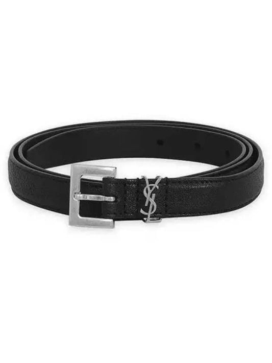 Men's Monogram Silver Buckle Leather Belt Black - SAINT LAURENT - BALAAN 2