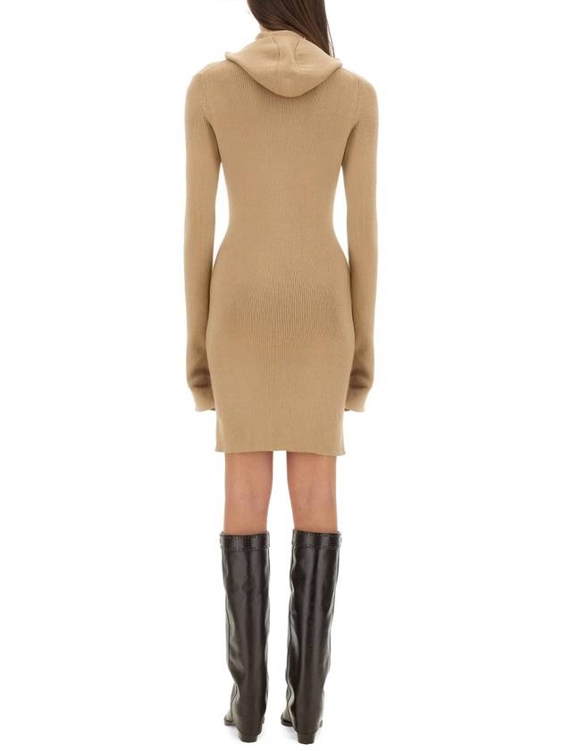 Long Sleeve Hooded Wool Silk Short Dress Beige - FENDI - BALAAN 4