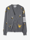 Men's Merino Bird Bee 4 Bar V-Neck Merino Cotton Cardigan Medium Grey - THOM BROWNE - BALAAN 2