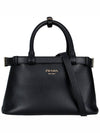 Double Belt Buckle Large Leather Handles Tote Bag Black - PRADA - BALAAN 3