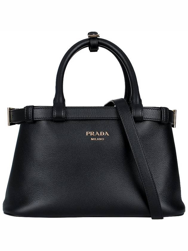 Double Belt Buckle Large Leather Handles Tote Bag Black - PRADA - BALAAN 3