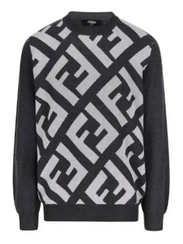 Monogram Jacquard Wool Crewneck Knit Top Grey - FENDI - BALAAN 2