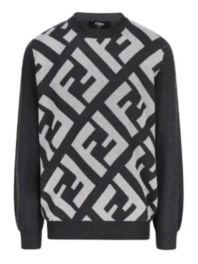 Monogram Jacquard Wool Crewneck Knit Top Grey - FENDI - BALAAN 2