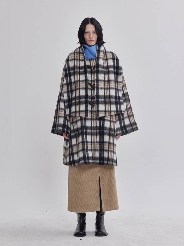 mohair big check pattern collar scarf duffel coat - LIE - BALAAN 1