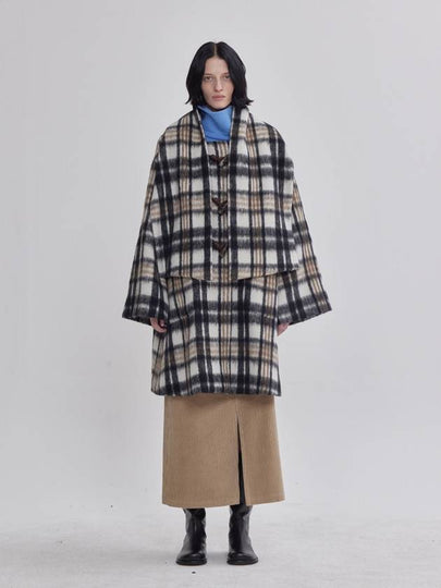 Mohair Big Check Pattern Collar Scarf Duffel Coat - LIE - BALAAN 2