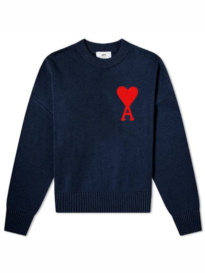 Embroidered Big Heart Oversized Fit Knit Top Navy - AMI - BALAAN 2