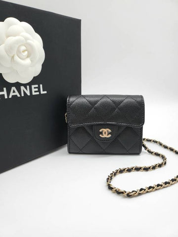 Classic chain card wallet mini bag caviar black gold AP0238 - CHANEL - BALAAN 1