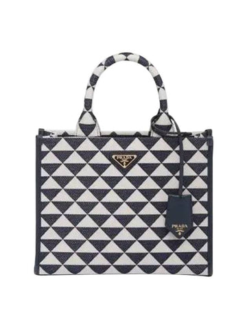 Small Symbol Embroidery Fabric Hand Tote Bag Baltic Blue Chalk White - PRADA - BALAAN 1