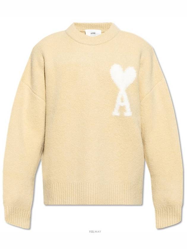 Intarsia Heart Logo Knit Top Vanilla - AMI - BALAAN 4