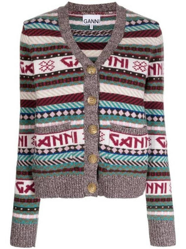 Logo Stripe Wool Blend Knit Cardigan - GANNI - BALAAN 1