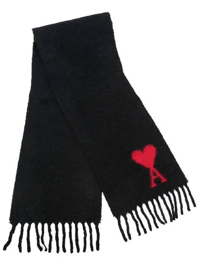 Heart Logo Oversized Wool Fringe Scarf Black - AMI - BALAAN 2