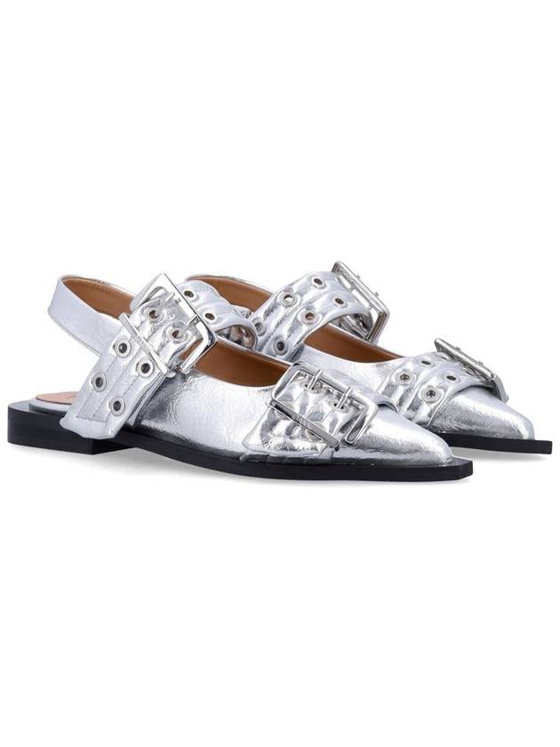 Double Buckle Metallic Effect Ballerinas Silver - GANNI - BALAAN 3