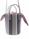 Women's Stripe Pebble Grain Bucket Bag Medium Grey - THOM BROWNE - BALAAN 3