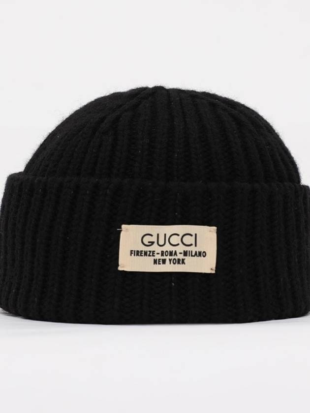 Rib Wool Label Beanie Black - GUCCI - BALAAN 4