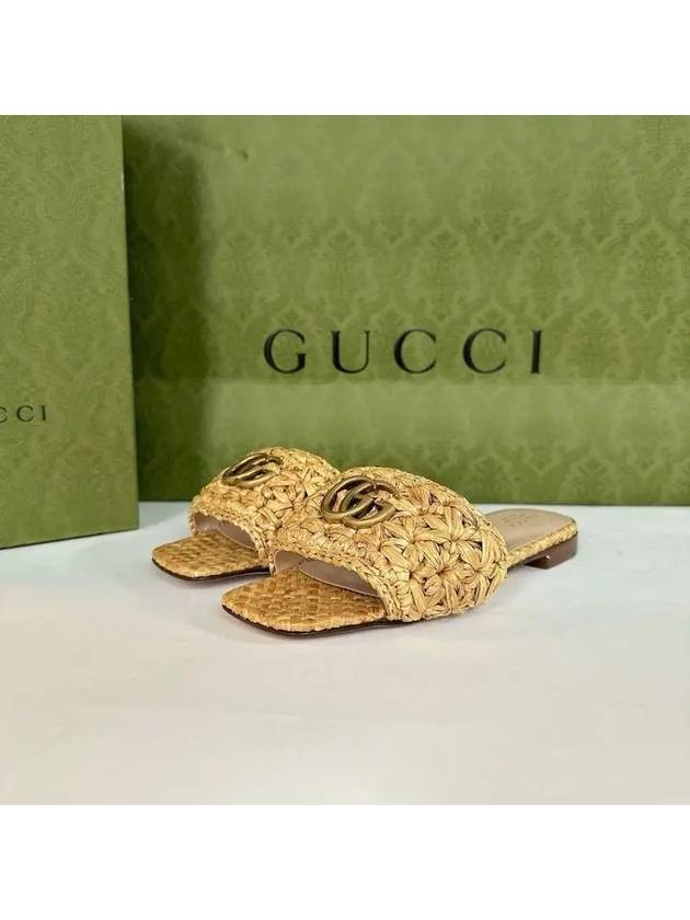 Double G Raffia Effect Fabric Slide Sandals Beige - GUCCI - BALAAN 4