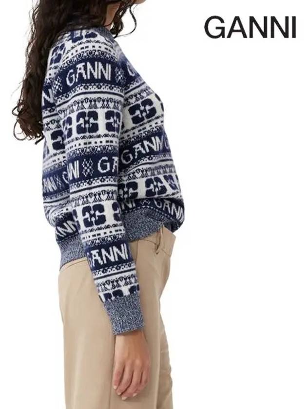 Logo Wool Mix O Neck Knit Top Sky Captain - GANNI - BALAAN 7