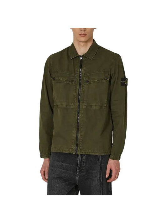 Brushed Organic Cotton Overshirt Jacket Dark Green - STONE ISLAND - BALAAN 1