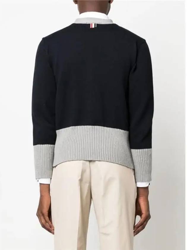 Three Stripe V Neck Cotton Cardigan Navy - THOM BROWNE - BALAAN 4