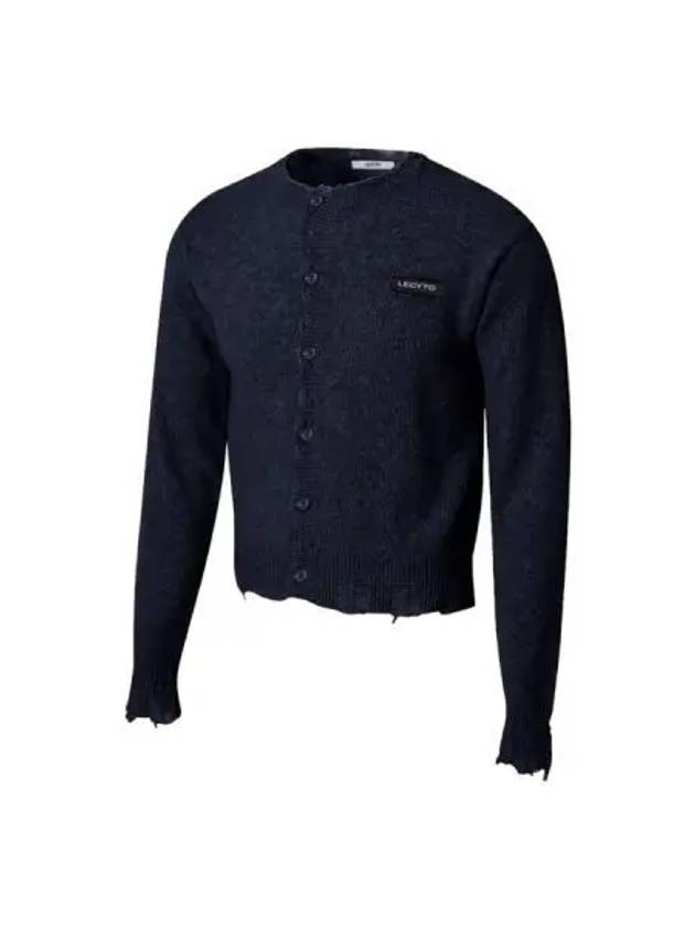 Destroyed round wool knit cardigan navy - LECYTO - BALAAN 1