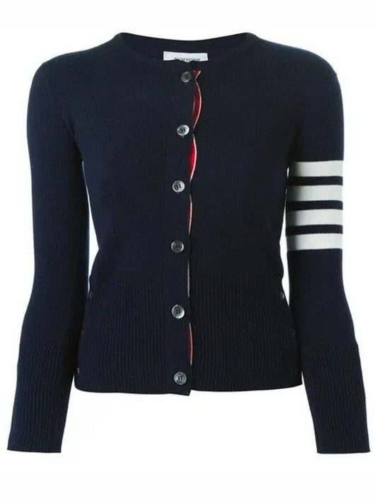 Milano Stitch 4 Bar Classic V Neck Fine Merino Wool Cardigan Navy - THOM BROWNE - BALAAN 2