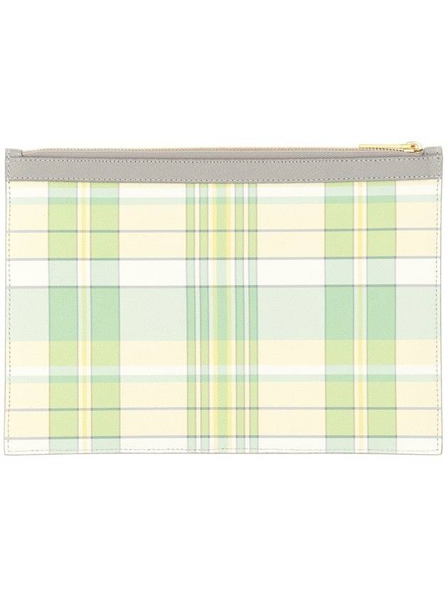 Madras Print Pebble Grain Leather Clutch Bag Pastel Green - THOM BROWNE - BALAAN 3