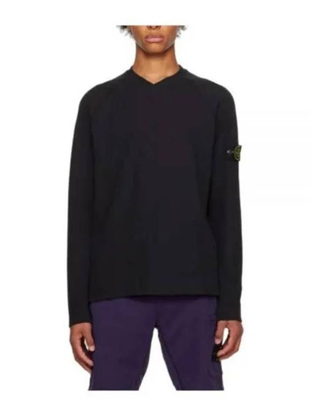 Garment Dyed V Neck Badge Sweatshirt Black - STONE ISLAND - BALAAN 2