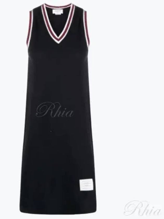 Women's Classic Pique Stripe V-Neck Cotton Tennis Dress Navy - THOM BROWNE - BALAAN 2