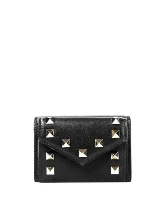 Women's Studded Calfskin Half Wallet Black - VALENTINO - BALAAN 2