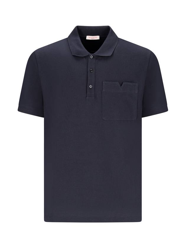 Topstitch V Detail Cotton Pique Polo Shirt Navy - VALENTINO - BALAAN 2