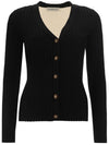 Women's Color Block Ribbed Wool V-Neck Cardigan Black - TORY BURCH - BALAAN 1