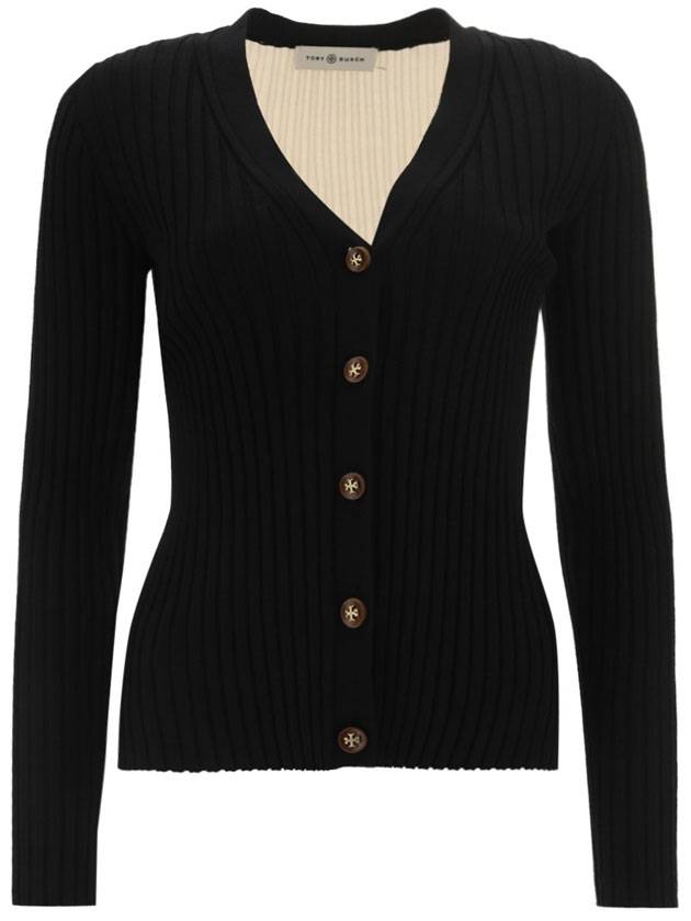 Women's Color Block Ribbed Wool V-Neck Cardigan Black - TORY BURCH - BALAAN 1