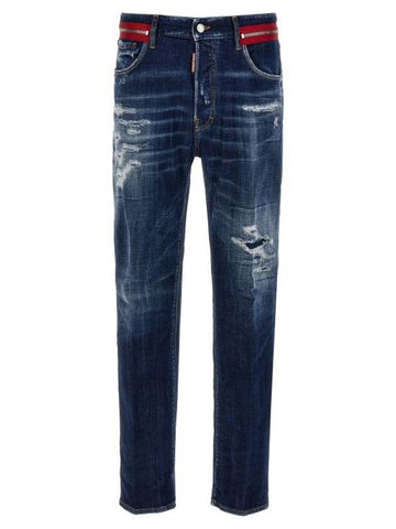 Damage Denim Straight Jeans Blue - DSQUARED2 - BALAAN 1