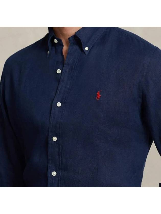 Men's Pony Embroidery Linen Oxford Long Sleeve Shirt Blue - POLO RALPH LAUREN - BALAAN 5