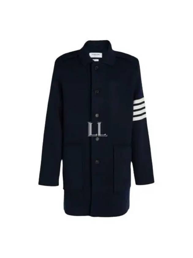 Cotton Cashmere Interlock 4-Bar Polo Collar Overcoat Navy - THOM BROWNE - BALAAN 2