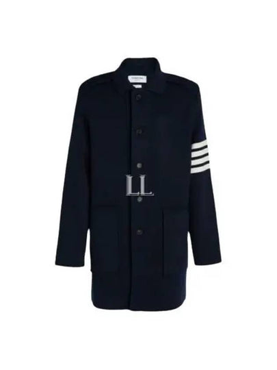 Cotton Cashmere Interlock 4-Bar Polo Collar Overcoat Navy - THOM BROWNE - BALAAN 2