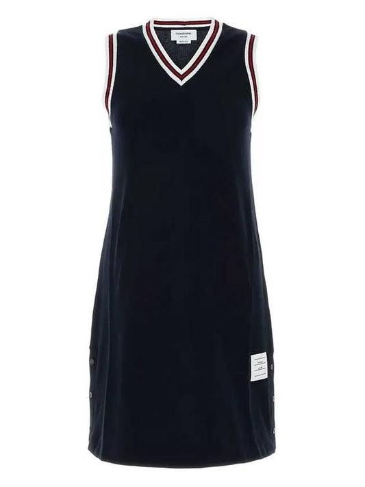 Women's Classic Pique Stripe V-Neck Cotton Tennis Dress Navy - THOM BROWNE - BALAAN 2