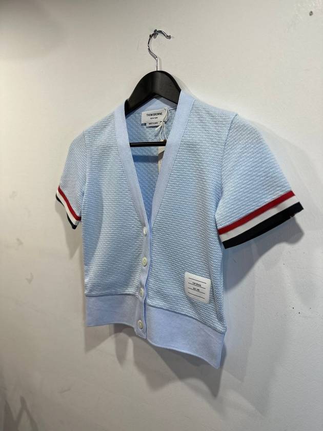 Women's RWB Striped Short Sleeve Cardigan Light Blue - THOM BROWNE - BALAAN 3