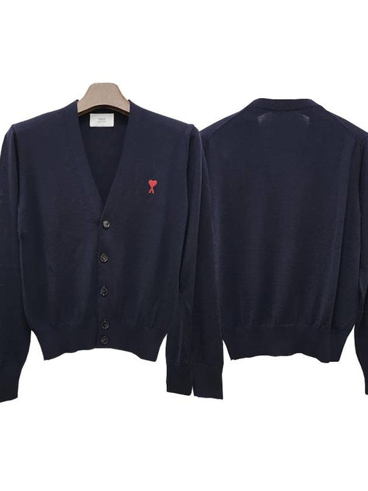 Red Heart Logo Merino Wool Cardigan Navy - AMI - BALAAN 2