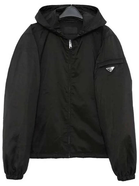 triangle logo lightweight padded hooded jacket black - PRADA - BALAAN.