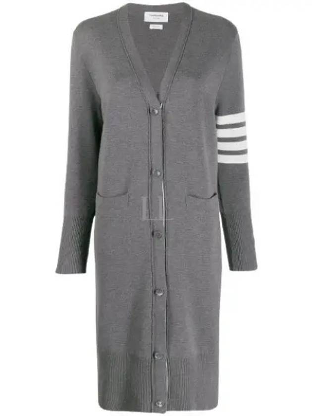 Cotton Crepe Milano Stitch 4-Bar Long V-Neck Cardigan Medium Grey - THOM BROWNE - BALAAN 2