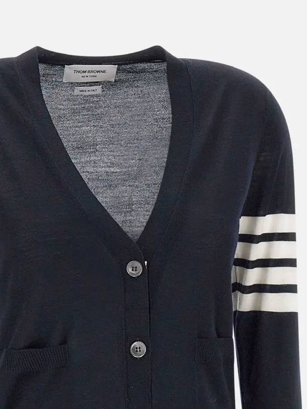 Sustainable Fine Merino Wool 4-Bar Relaxed Fit V-Neck Cardigan Navy - THOM BROWNE - BALAAN 4