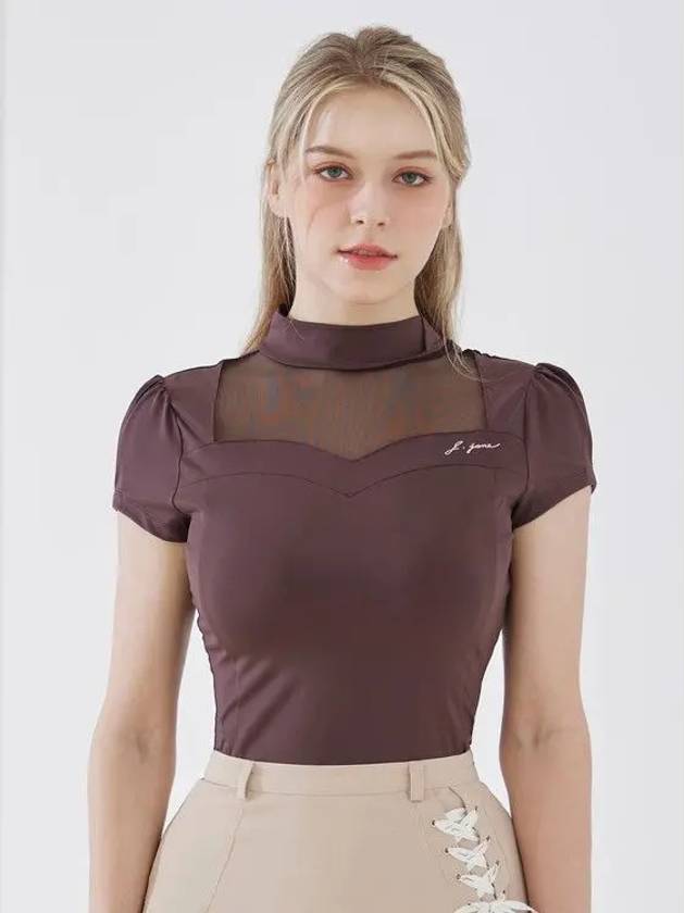 Golf Wear Heart Neck See-Through Short Sleeve T-Shirt Brown - J JANE - BALAAN 1