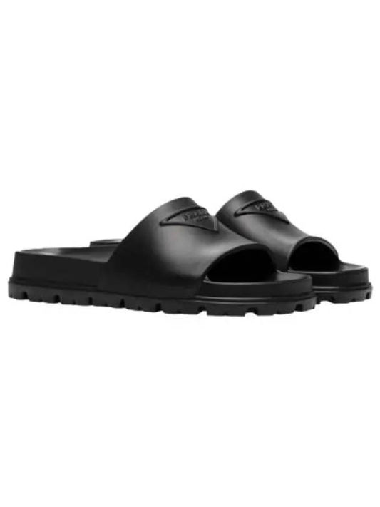 Embossed Triangle Logo Slides Black Slippers - PRADA - BALAAN 1