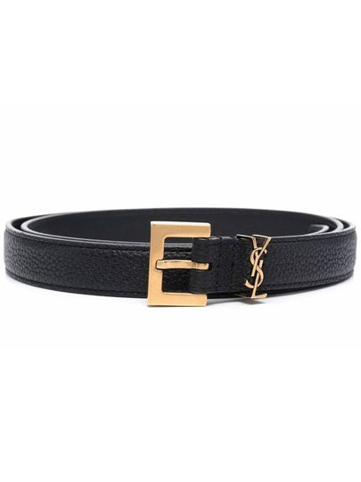 Cassandre Grained Leather Square Buckle Thin Belt Black - SAINT LAURENT - BALAAN 2