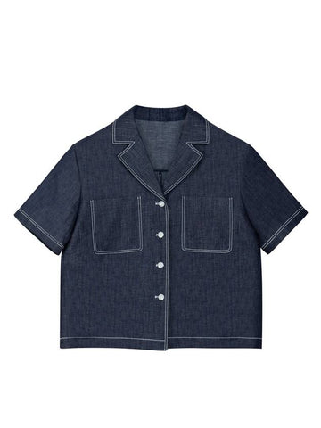 Helena Summer Linen Setup Big Pocket Stitched Denim Shirt Jacket Navy - RAMUSTUDIO - BALAAN 1