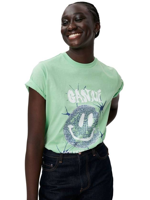 Smiley Relaxation Logo Round Neck Cotton Short Sleeve T-Shirt Green - GANNI - BALAAN 6