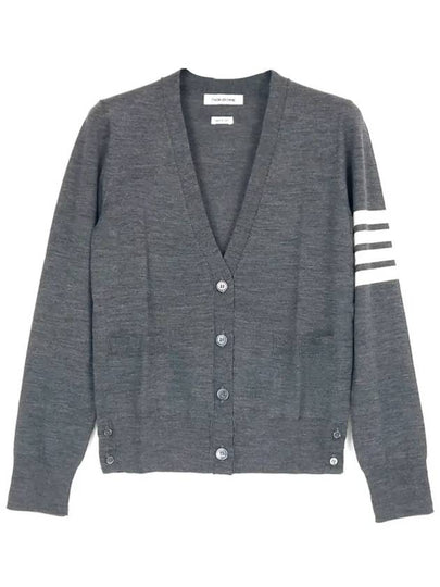 Sustainable Fine Merino Wool 4-Bar Relaxed Fit V-Neck Cardigan Medium Grey - THOM BROWNE - BALAAN 2