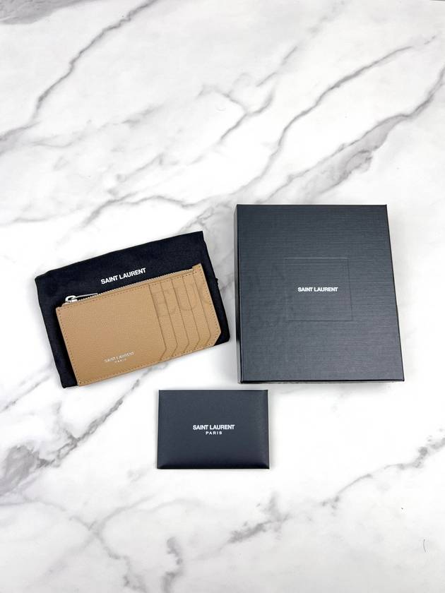 Logo Print Pebbled Leather Card Wallet Brown - SAINT LAURENT - BALAAN 9